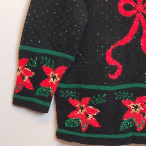 Vintage Christmas Sweater Poinsettia Black Red Dana Scott Acrylic Size Medium - Picture 5 of 15